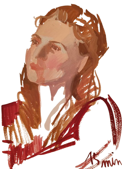 Croquis peint, portrait de femme au pull rouge, pose de 15 minutes, Victoire de Verrières